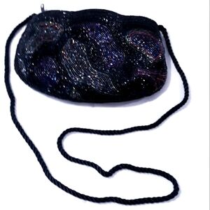Vintage Black Fully Beaded Women's Small Shoulder Bag Zippered Pocket Night Bag